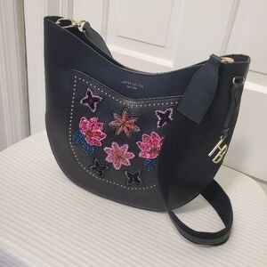 Henri Bendel W57th Black Hobo Large Floral Applique Crossbody